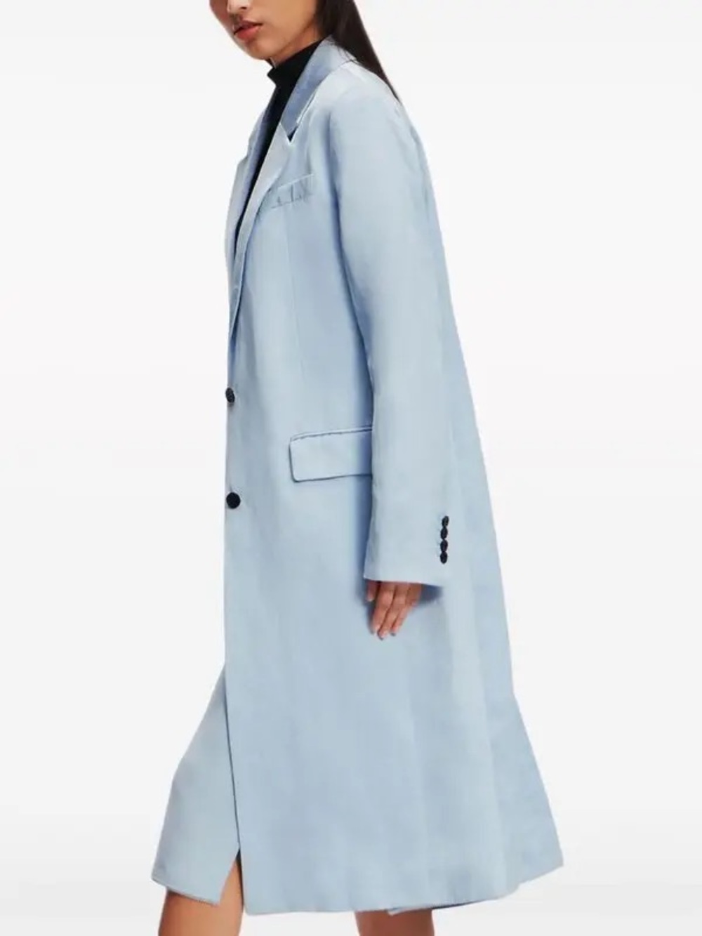 Karl Lagerfeld Longline Tailored Satin Coat Retail $629 in Cashmere Blue Color